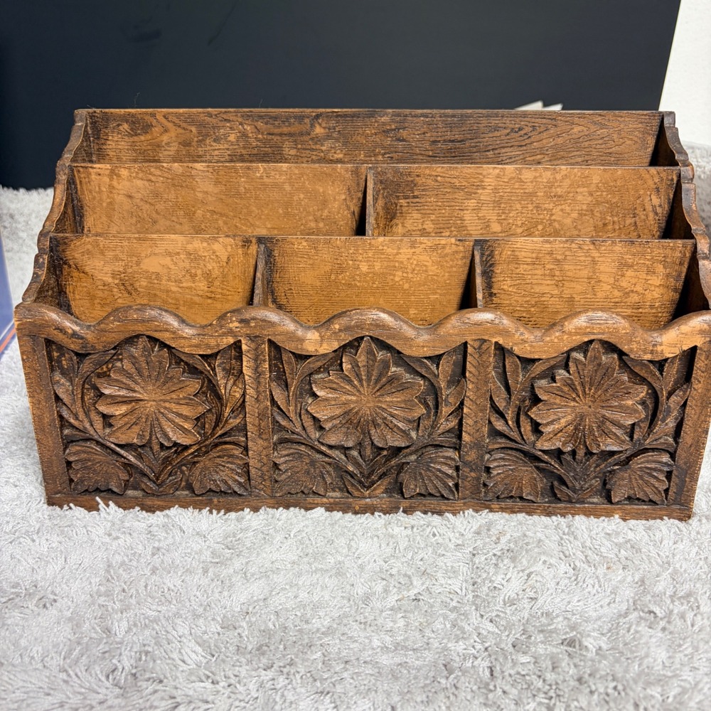 Vintage Lerner Melville NY Faux Wood Carved Floral Desk Organizer Mail Sorter
